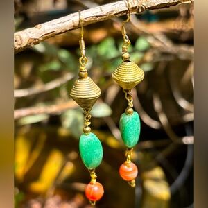 Handmade Vintage African Brass Bead and Stone Dangle Earrings